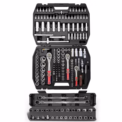 Coffret Outils Kraft Muller CRV 171 pièces Douilles, Cliquets, 2 clés Flex de 14 et 19mm, avec 25 emboûts, Chrome vanadium