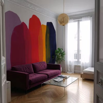 Papier peint panoramique et contemporain avec des formes colorées et abstraites – 85×260 cm (l x h)