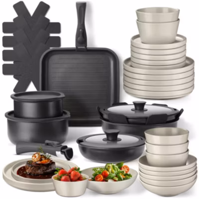Ensemble de vaisselle et kit de cuisine Service de table en grès émaillé noir/taupe