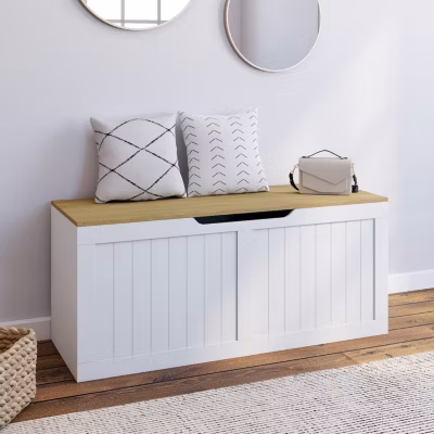 Banc coffre rangement 100 cm LEON bois et blanc