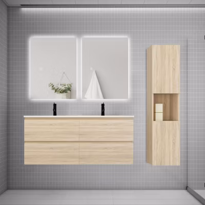 Ensemble meuble chêne et vasque L.120cm 4 tiroirs + colonne haut + lavabo + miroir 80x60cm x2-suspendu