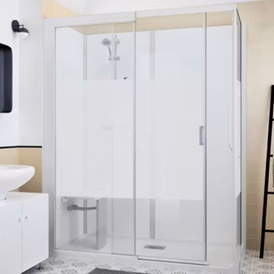 Cabine de douche d&rsquo;angle KINEDO KINEMAGIC DESIGN 100X70 habillage toute hauteur 1 coulissant verre transparent avec mitigeur
