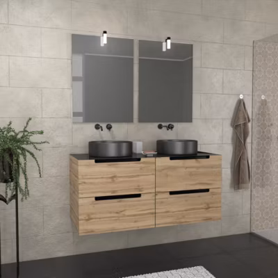 Meuble salle de bains 120cm Chene et noir, Vasques rondes Diam 36 et Miroirs avec appliques 55×75