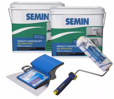 Enduit Garnissant pour la Rénovation Semin, Seau de 10 kg (Lot 2), Rouleau pour Enduire, 23 cm, Lame pour Lisser, 15 cm
