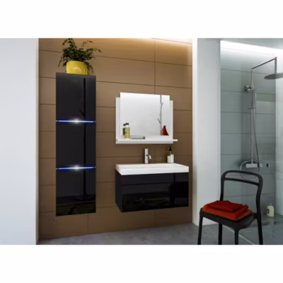 Ensemble meubles de salle de bain noir collection RAVEN. Colonne, meuble sous vasque, vasque 80cm