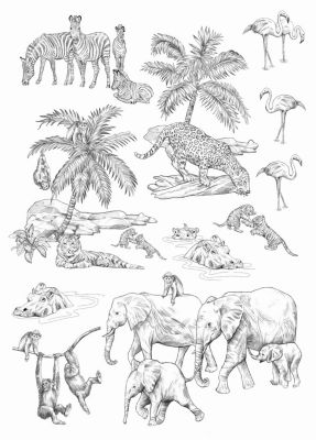 ESTAhome sticker mural animaux de la jungle noir et blanc 47.5 x 66 cm