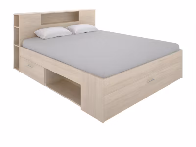 Lit avec tête de lit rangements et tiroirs – 140 x 190 cm – Coloris : Naturel – LEANDRE