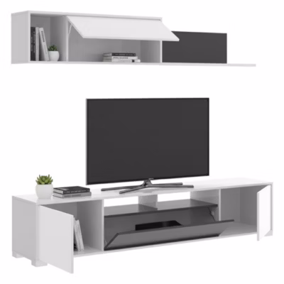 Système mural Abbete, meuble TV pour salon, meuble de salon polyvalent, 200x41h180 cm, blanc et anthracite