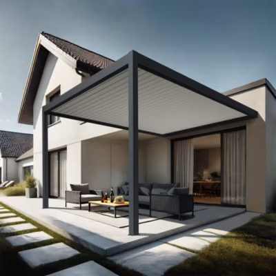 Pergola bioclimatique Xenon II (Vérin à Télécommande – Gris anthracite / Blanc – 7,00 x 5,015m)