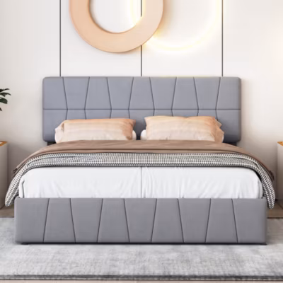 Lit 160×200, Cadre De Lit Avec Tête De Lit Capitonnée Réglable En Hauteur, 4 Tiroirs, Gris