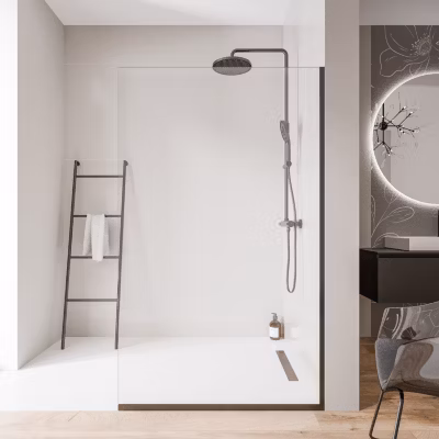 Paroi de douche italienne 160x200cm, verre NANO 10mm, profilé mural + sol noir mat – EX102