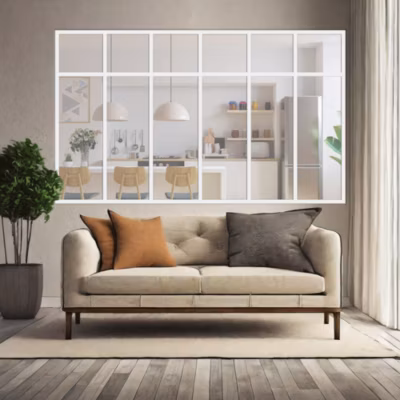 Verrière 6 sections avec imposte – L x H : 201 x 110 cm – Laqué blanc 9003 granité – vitrages inclus