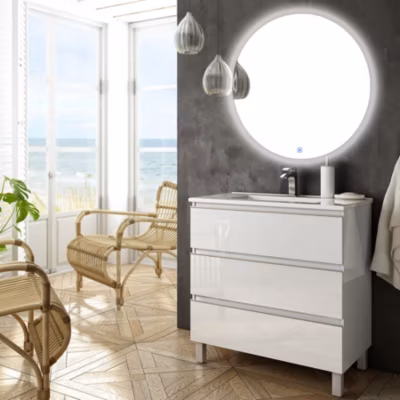 Meuble de salle de bain simple vasque – 3 tiroirs – PALMA et miroir rond Led SOLEN – blanc – 60cm