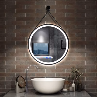Miroir salle de bain rond LED 60cm tricolore + anti-buée + dimmable + mémoire,avec ceinture en cuir amovible,noir, AICA SANITAIRE