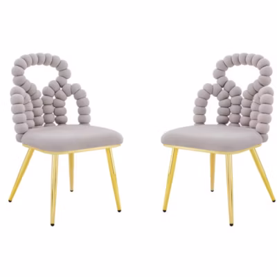 2 Chaises Velours Gris Clair – Dossier Chaînes, Pieds Dorés