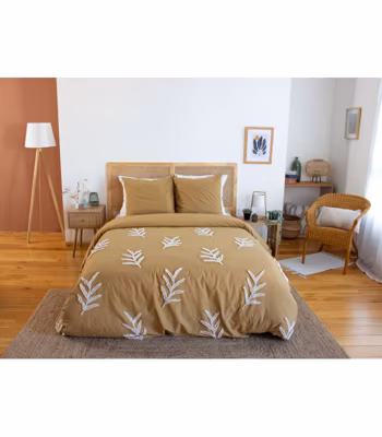 Parure de lit FEUILLU – 240×220 cm – Coton lavé tufté – 52 fils,cm² – Moutarde – 220x240cm – Moutarde