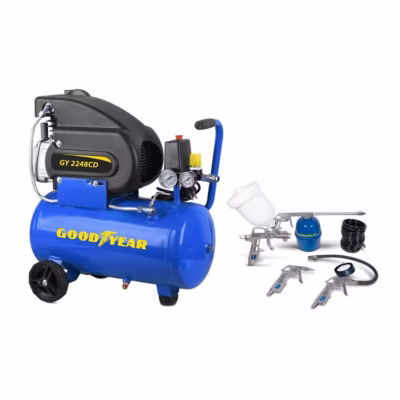 Compresseur d&rsquo;air Silencieux 24 Litres 8 bar 2CV 1.5KW 115 PSI + Kit Air comprimé 5 Pièces GOODYEAR