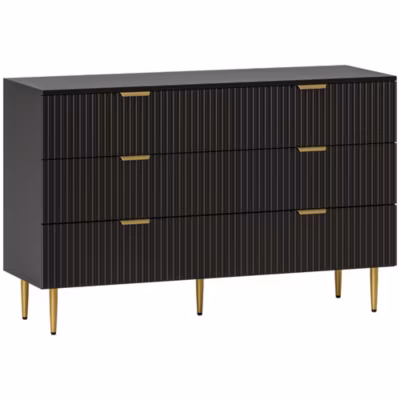 Commode 6 tiroirs design effet cannelé piètement poignées métal doré noir