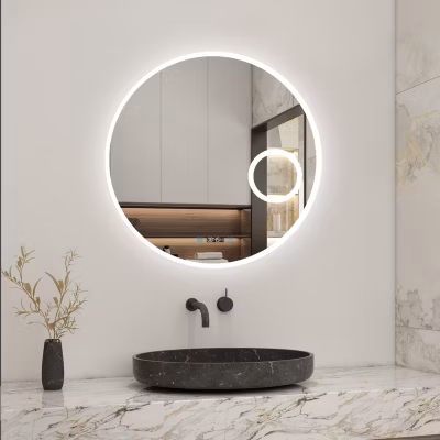 Miroir rond de salle de bain 60cm LED tricolore horloge + loupe + anti-buée + mémoire, AICA SANITAIRE