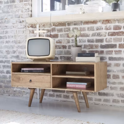 Meuble TV en bois massif 110 cm 1 tiroir