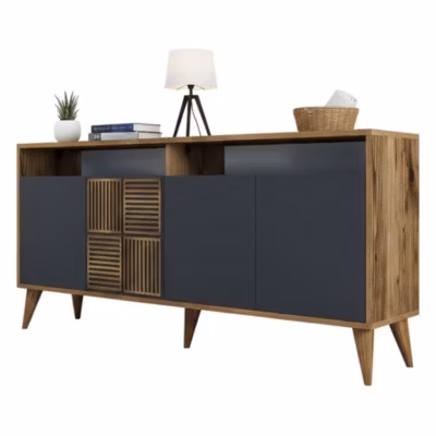 Buffet Scorpio, Buffet du salon, Commode de salon, Garde-manger de cuisine, 160x35h79 cm, Noyer et Anthracite