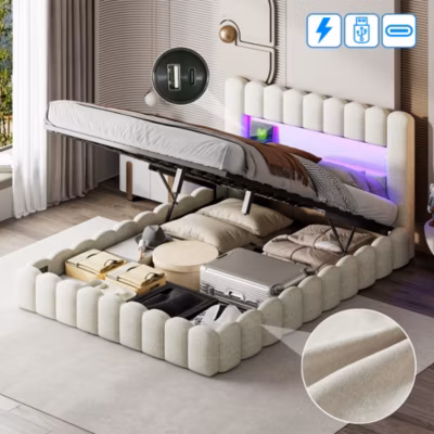 Lit double 140×200 cm avec rangements, lit de souche avec éclairage LED, lit capitonné, lit adulte, lit ado, lin beige