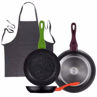 Ensemble de 3 poeles San Ignacio Jolie 20-24-28cm avec tablier de cuisine