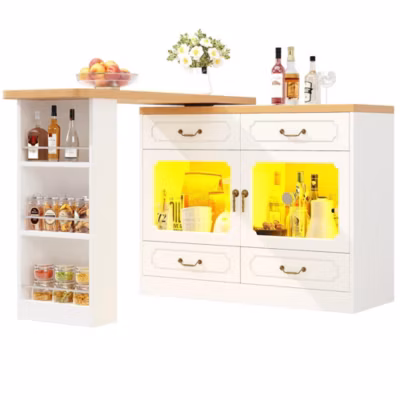 Table Bar Pivotante  135-203x39x92.8cm, LED, Blanc