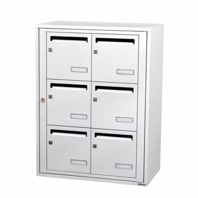 Bloc collectif leabox.com, 2×3, grade 3, simple face, Intérieur, fixation murale, Blanc neige  RAL 9016 finition brillante