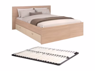 Lit avec 2 tiroirs 160 x 200 cm –  coloris : Naturel et beige + Sommier – VELONA