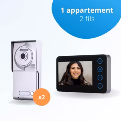 Portier interphone vidéo neo 2 fils pour 2 entrées – 1 appartement – 2 platines – 1 écran noir