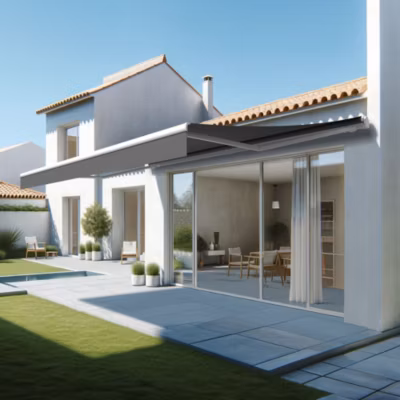 Store banne monobloc ESPAI 6,00×3,00m (Manuelle – Gris Graphite – Blanc)