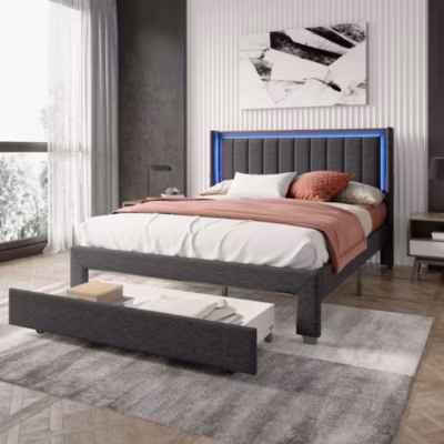 Lit 140×200 cm avec sommier à Lattes et tiroir, Lit rembourré avec USB et LED, Gris