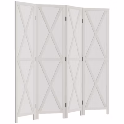 Paravent intérieur 4 panneaux style campagnard chic – séparateur de pièce avec croisillons – bois de paulownia blanc