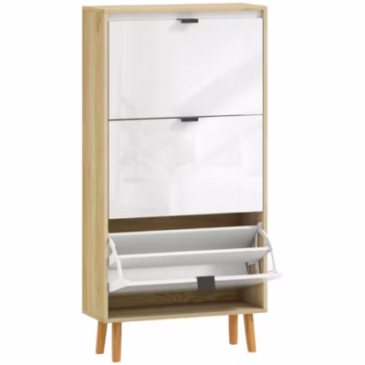 Meuble à chaussures style scandinave 3 portes étagères réglables piètement bois blanc effet bois clair