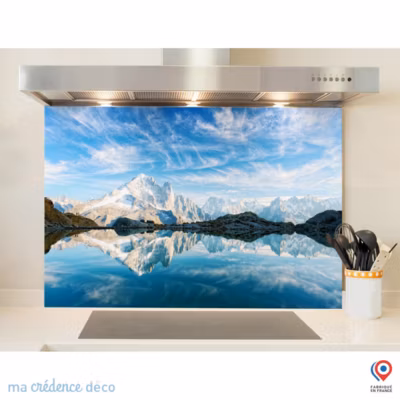 Crédence cuisine fond de hotte Lac et Mont Blanc 2 – Verre trempé – L 70 cm x H 60 cm – MaCrédenceDéco