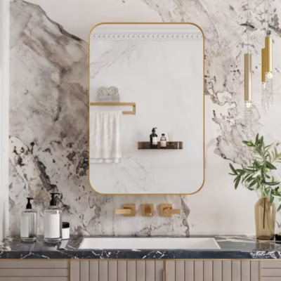 Armoire Miroir Murale – Meuble de Salle de Bain avec Rangement et Étagères Réglables, Cadre Métal, Meuble de Rangement Or