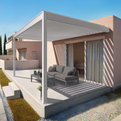 Pergola bioclimatique Xenon perpendiculaire (Vérin à Télécommande – Blanc – 4,109 x 4,00m)