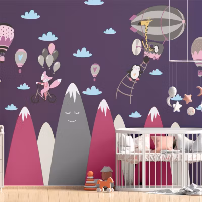 Stickers enfant montagnes scandinaves animaux heureux 90 x 135 cm