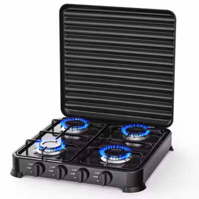 Plaque de cuisson gaz 4 feux 8800W Réchaud à gaz portable Noire Gaz Butane ou Propane Bruleurs inox INTEC