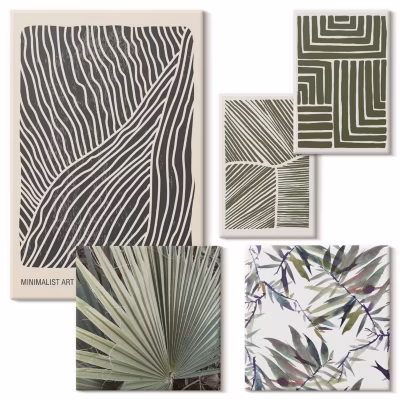 Set 5 Tableaux Toile Tendue Wallfluent Motifs De Formes En Vert Galerie Murale XXL Multi-Formats