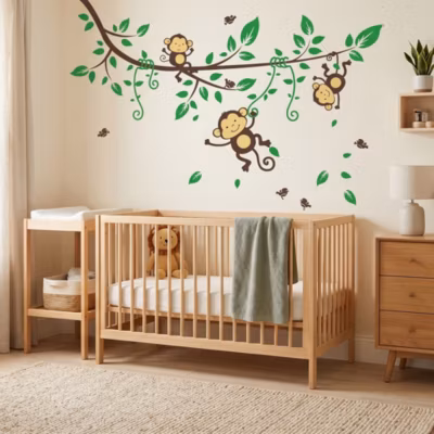 Stickers Muraux décoration adhésifs Singes sur branche fleurie