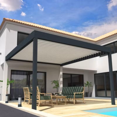 Pergola Bioclimatique COCOON XL Mixte Gris anthracite / Blanc 4,50×6,037m (Vérin à télécommande + Kit LED 3 cotés)