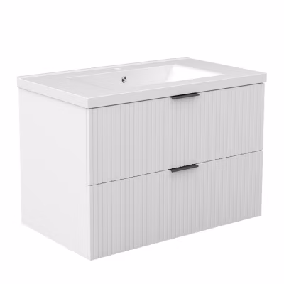 Meuble de salle de bain mural 80 cm Blanc – 2 tiroirs + Lavabo Céramique, AICA Sanitaire