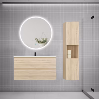 Ensemble meuble vasque L.100cm 2 tiroirs + lavabo + LED miroir rond 90cm + colonne,chêne