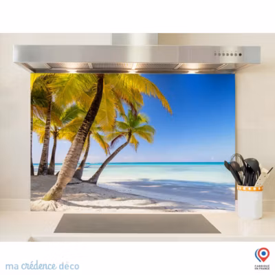 Crédence cuisine fond de hotte Palmiers et ciel bleu – Verre trempé – L 70 cm x H 60 cm – MaCrédenceDéco