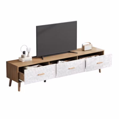 Meuble TV 150x39x35 cm en panneaux de particules, 3 tiroirs, pieds bois massif et portes blanches texturées