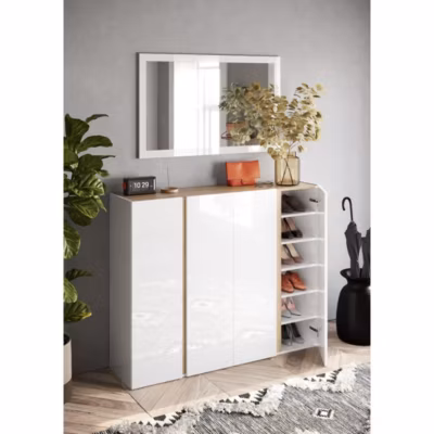 Meuble de rangement 4 portes 10 étagères réglables, collection KEY, coloris blanc laqué brillant et chene cadiz
