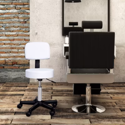 Tabouret de Travail Pivotant Réglable – avec Dossier et Roulettes, Ergonomique pour Atelier Ou Salon, Simili Cuir Blanc
