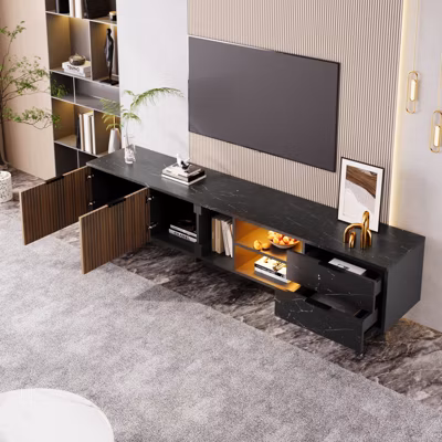 Meuble TV LED 200x50x38cm – avec 2 portes et 2 tiroirs – aspect marbre noir, portes grain de bois foncé – Noir